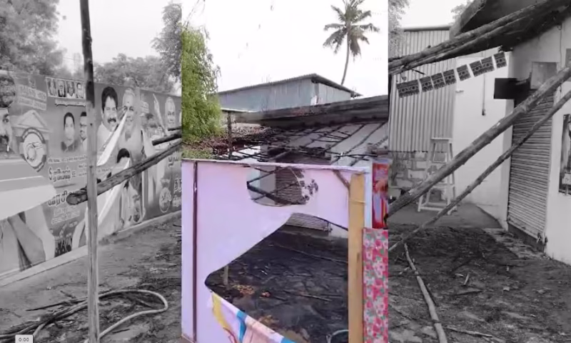 തമിഴ്നാട്ടിൽ ടിവികെ ഓഫീസിന് തീയിട്ടു; രണ്ട് പേർ ബൈക്കിൽ എത്തുന്നത് സിസിടിവിയിൽ പതിഞ്ഞു